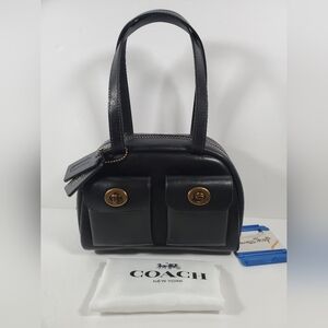 Coach Twin Turnlock Bag 20 Satchel in Dark Brass/Black Waxed Smooth Leather NWT